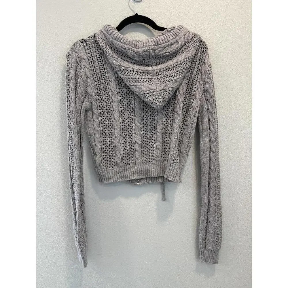 Cider Knit Hooded Zipper Hollow Out Cardigan in Gray, Women's Medium